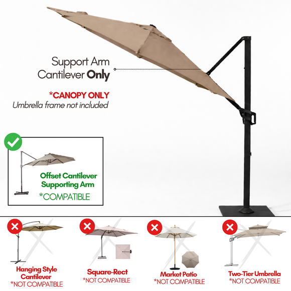 11 ft Cantilever Umbrella Replacement Canopy Supported Bar 8 Ribs Taupe