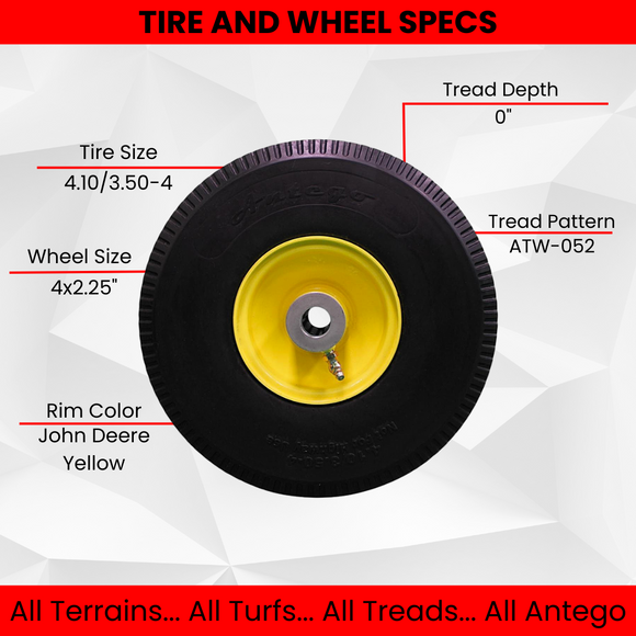 Antego 4.10/3.50-4 urethane flat-free caster assembly replacing Toro 105-3471, product view for single-assembly listing