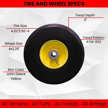 Antego 4.10/3.50-4 urethane flat-free caster assembly replacing Toro 105-3471, product view for 4-pack listing