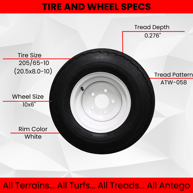 Antego 205/65-10 Load Range E trailer tire and wheel assembly with 10x6 white 5-lug wheel, product view for single-assembly listing