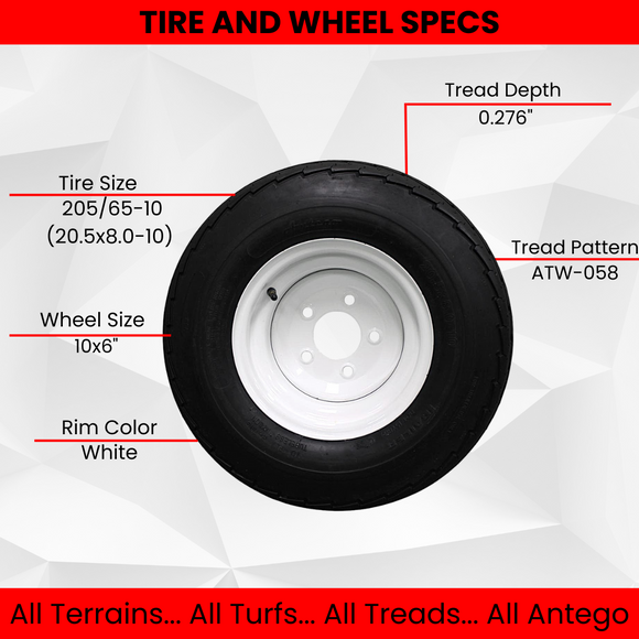 Antego 205/65-10 Load Range E trailer tire and wheel assembly with 10x6 white 5-lug wheel, product view for 2-pack listing