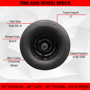 Antego 13x6.50-6 Bad Boy 022-2017-00 pneumatic caster tire and glossy black wheel assembly, single assembly