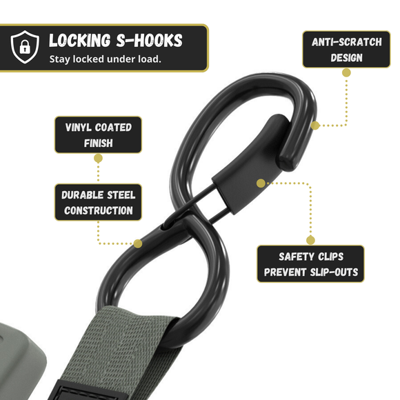 Retractable Ratchet Straps - 1" x 15 ft (1,760 lbs Break Strength) | Auto Self Retracting Cargo Tie Down Strap Set