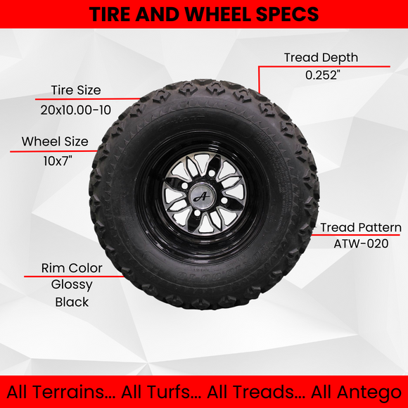 20x10.00-10 with 10x7 Fusion Glossy Black Wheels for Golf (Set of 4).