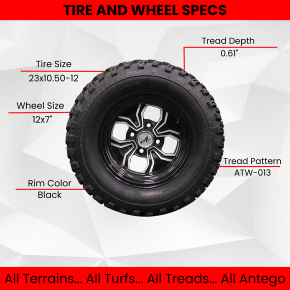 (Set of 4) 23x10.50-12 ATW-013 with 12x7 Black Fusion Golf Tire and Wheel Assemblies.