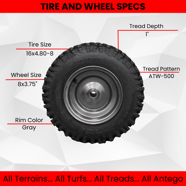 Antego 16x4.80-8 two matched right-hand and left-hand Ariens keyed snow wheel sets, 4-pack listing