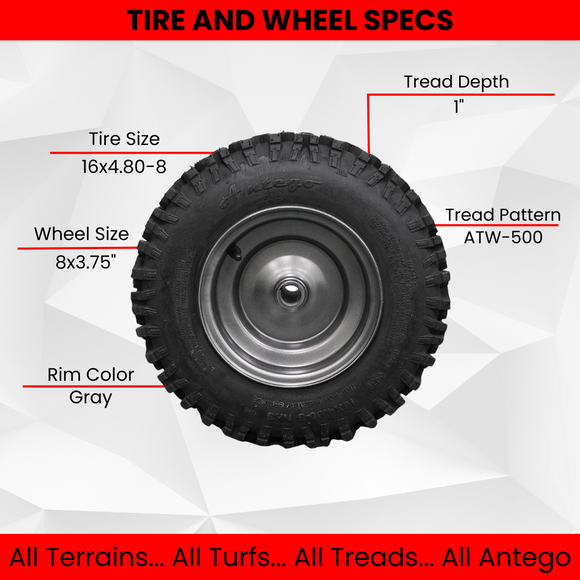 Antego 16x4.80-8 matched RH/LH Ariens keyed snow wheel set product graphic, 2-pack listing