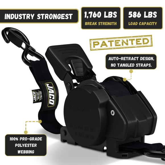 Retractable Ratchet Straps - 1" x 15 ft (1,760 lbs Break Strength) | Auto Self Retracting Cargo Tie Down Strap Set