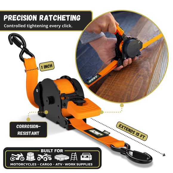 Retractable Ratchet Straps - 1" x 15 ft (1,760 lbs Break Strength) | Auto Self Retracting Cargo Tie Down Strap Set