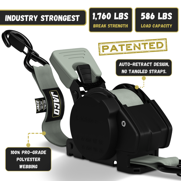 Retractable Ratchet Straps - 1" x 15 ft (1,760 lbs Break Strength) | Auto Self Retracting Cargo Tie Down Strap Set