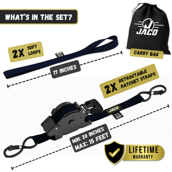 Retractable Ratchet Straps - 1" x 15 ft (1,760 lbs Break Strength) | Auto Self Retracting Cargo Tie Down Strap Set