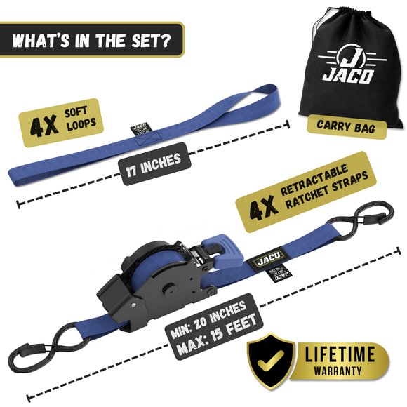 Retractable Ratchet Straps - 1" x 15 ft (1,760 lbs Break Strength) | Auto Self Retracting Cargo Tie Down Strap Set