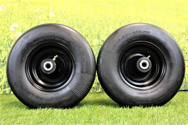 Antego 13x6.50-6 smooth flat-free mower assembly on black 6x4.5 wheel with 7.25-inch hub, product view for 2-pack listing