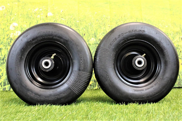 Antego 13x6.50-6 smooth flat-free mower assembly on black 6x4.5 wheel with 7.25-inch hub, product view for 2-pack listing