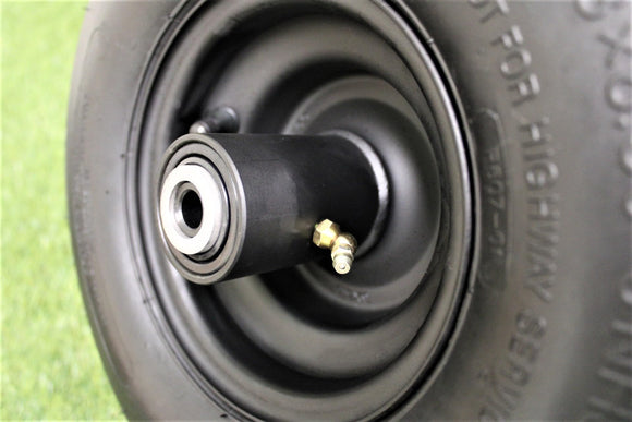 Matte black 6x4.5 Greenworks caster wheel detail with 190.5 mm hub, 2-pack