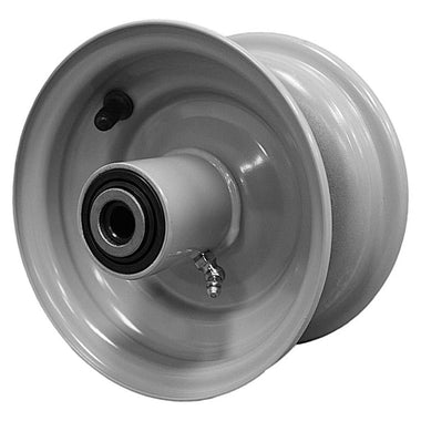 Antego bare 6x3.25 light-gray mower wheel with 5.85-inch hub and tapered roller bearing architecture, 4-pack listing