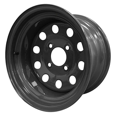 Antego bare 12x7 charcoal-gray mower wheel with 4-on-4 pattern, 2.70-inch center bore and -0.5-inch offset, 4-pack listing