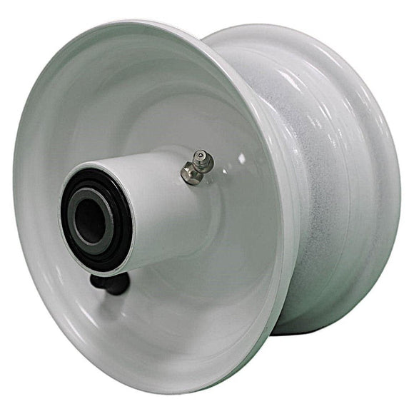 Antego bare 6x3.25 white mower wheel with 5.85-inch hub and tapered roller bearing architecture, 4-pack listing