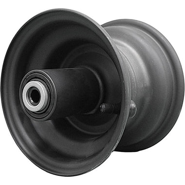 Antego bare 6x4.5 matte-black mower wheel with 190.5 mm hub length for compatible Greenworks equipment, 4-pack listing