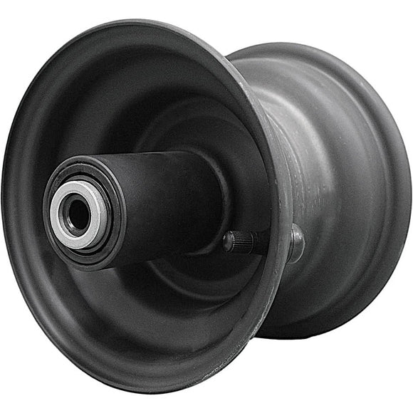 Antego bare 6x4.5 matte-black mower wheel with 190.5 mm hub length for compatible Greenworks equipment, 4-pack listing