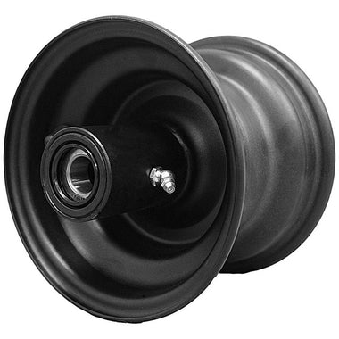 Antego 6x4.5 textured-black Scag-style mower wheel with 184.2 mm hub and tapered bearings, 4-pack listing
