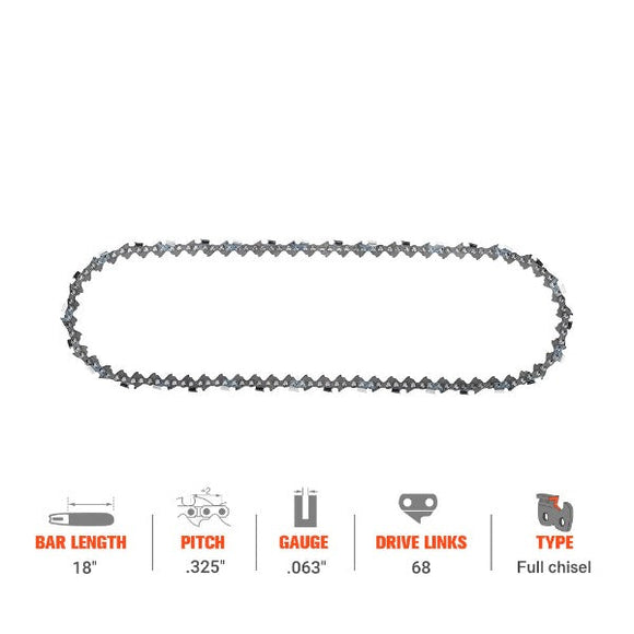 3-Pack 18 Inch Full Chisel MS250 Chain .325 Pitch .063 Guage 68 DL For Stihl MS 250 MS251C MS230 MS210 MS231 MS251 Chainsaw # 22LPX068G