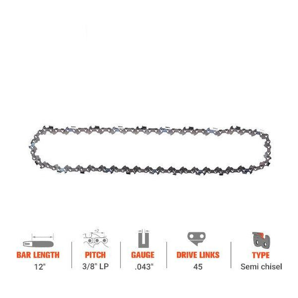 Hipa 12 Inch Chain 3/8 LP .043 45 DL For DeWalt DCCS620B DCCS620P1 Black Decker LCS1240 Husqvarna H38 120i T535iXP 535iXP 536LiXP Chainsaw 61PMM3 45
