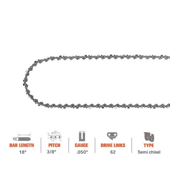 18 Inch Chain 3/8 .050 62 DL For Echo CS370 CS400 Poulan Pro 2050 2055 P3818 P3314 P3416 Remington RM4214 RM4216 RM4218 Chainsaw