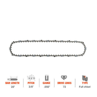 Hipa 20 Inch Full Skip Chain 3/8 Pitch .050 72 DL For Poulan Pro PR5020 50CC Husqvarna 365 562xp 372xp Stihl Chainsaw - 0