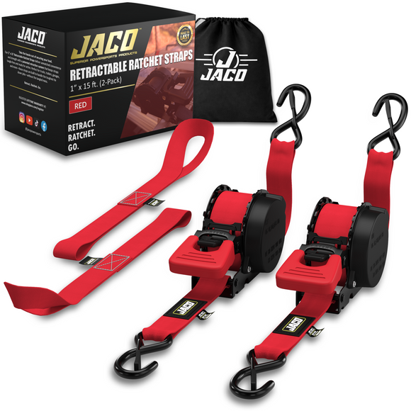 Retractable Ratchet Straps - 1" x 15 ft (1,760 lbs Break Strength) | Auto Self Retracting Cargo Tie Down Strap Set