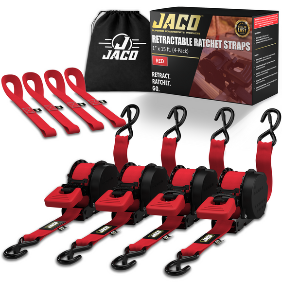 Retractable Ratchet Straps - 1" x 15 ft (1,760 lbs Break Strength) | Auto Self Retracting Cargo Tie Down Strap Set