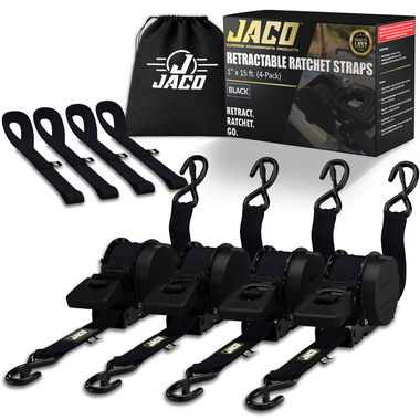 Retractable Ratchet Straps - 1" x 15 ft (1,760 lbs Break Strength) | Auto Self Retracting Cargo Tie Down Strap Set - 0
