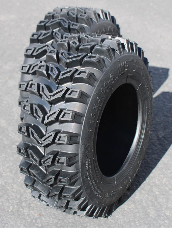 Antego 13x4.00-6 ATW-046 directional 2-ply snow blower tire, side profile view of two tires for 2-pack listing