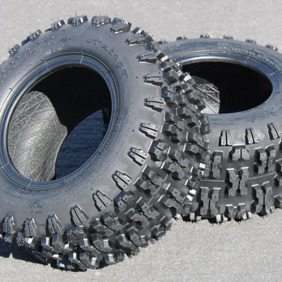 Antego 13x5.00-6 ATW-053 non-directional 2-ply snow blower tire, angled tread and sidewall view for 2-pack listing