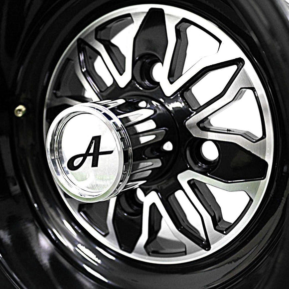 Antego bare 10x7 Fusion glossy-black golf-cart wheel with 4-on-4 pattern and 2.83-inch center bore, 4-pack listing