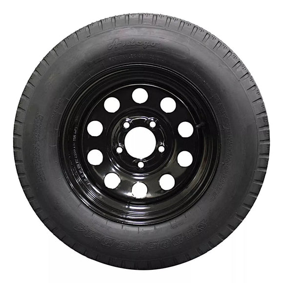 Antego ST205/75D14 bias trailer tire mounted on black 14x5.5 modular wheel, single listing