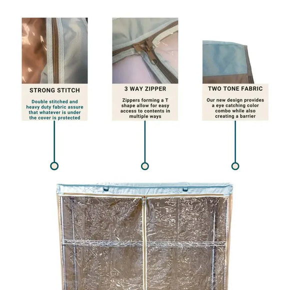 Storage Shelving Unit Cover, fits racks 36"W x 24"D x 72"H one side see through panel in Beige Khaki and Blue Trim