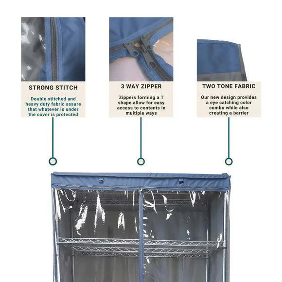 Storage Shelving Unit Cover, fits racks 48"W x 24"D x 72"H one side see through panel in Grey and Dusty Blue Trim